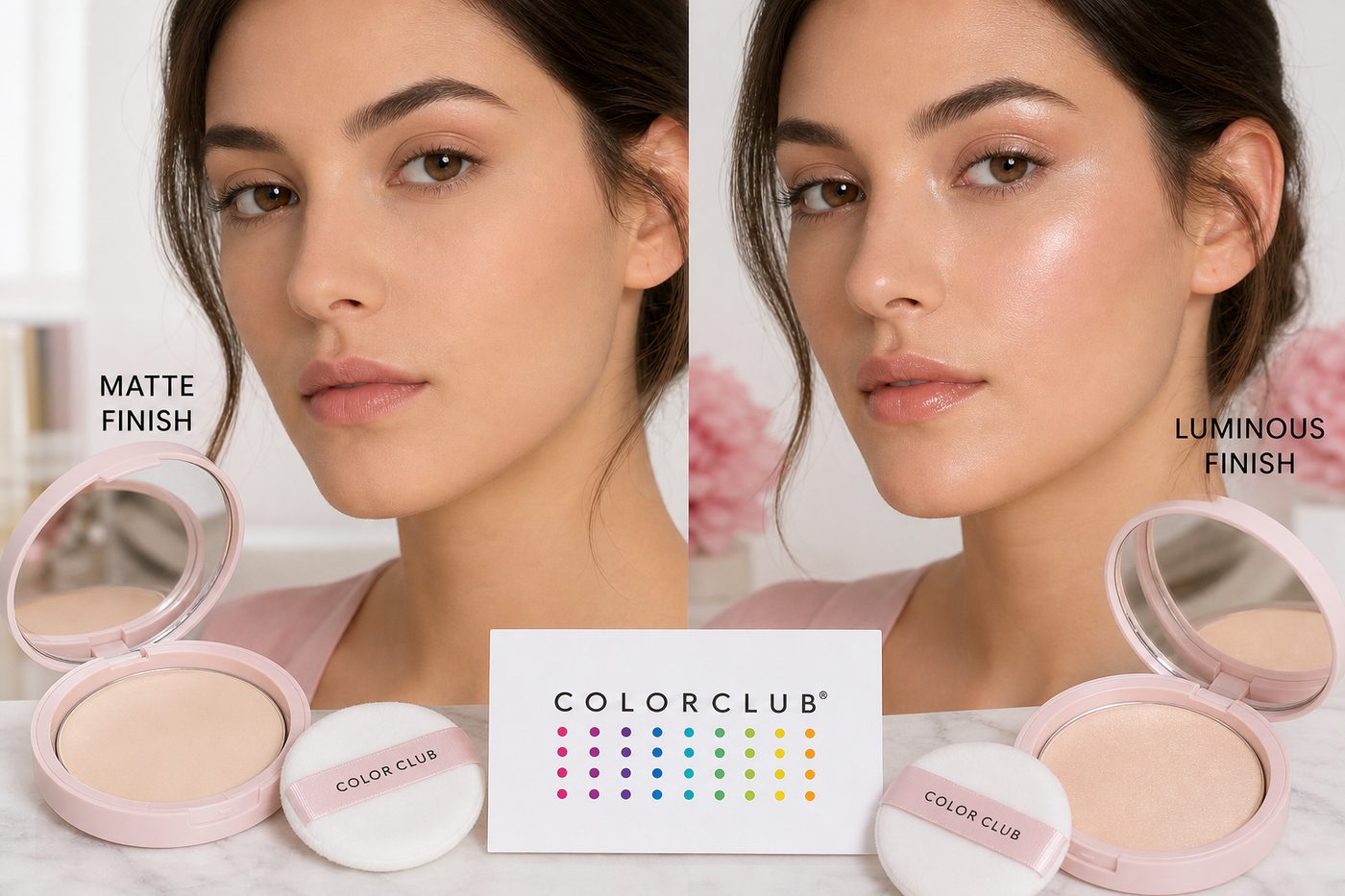 Comparativa de acabados mate y luminoso con polvo SPF