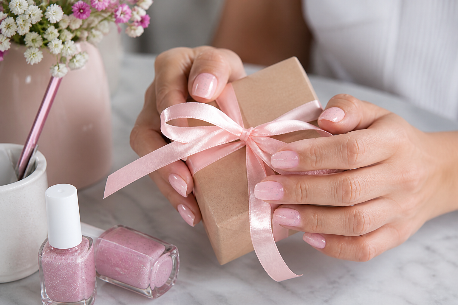 Uñas milky pink micro glitter regalo Amor y Amistad Color Club