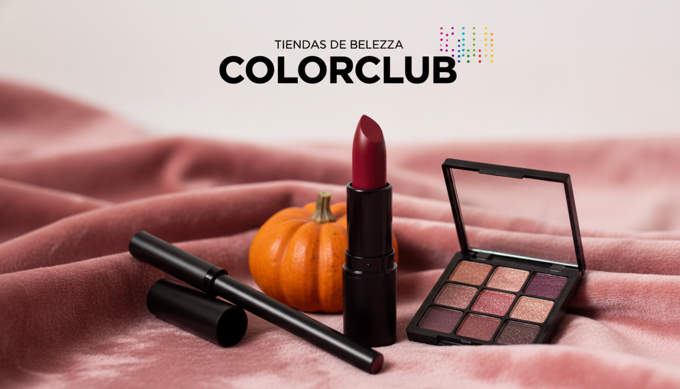 Delineador, labial vino y una paleta de brillo con una pequeña calabaza